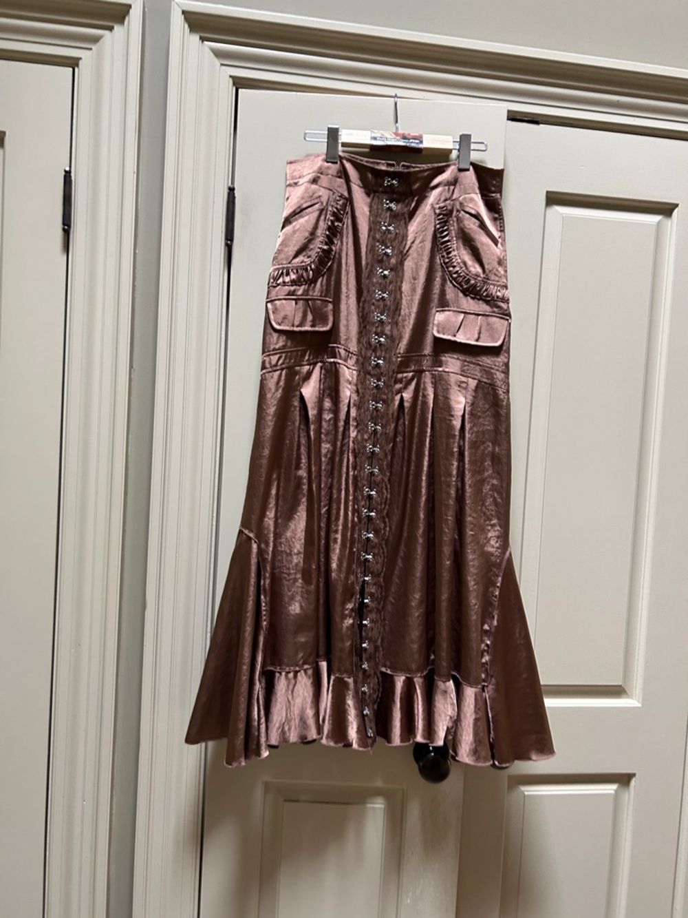 Satin Midi Skirt in Rose Brown with Front Button Detail